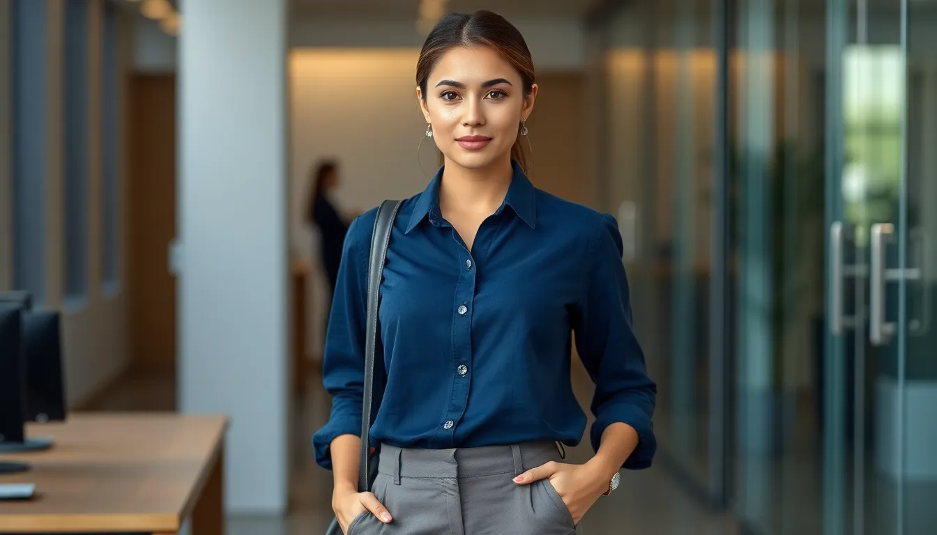 30+ Stylish Navy Blue Shirt Outfit Ideas Every Woman Needs to Try 11